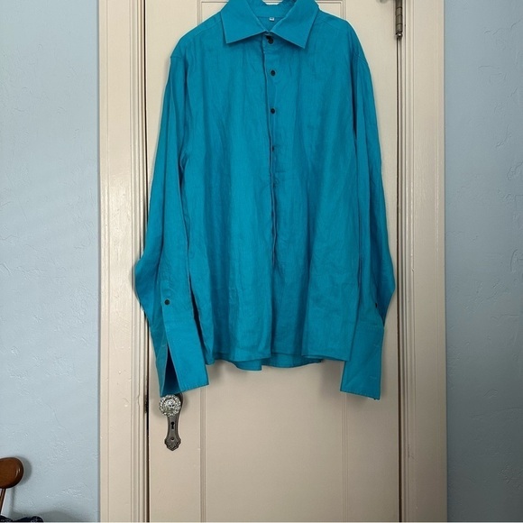 Wedding Tropics Shirt Linen Button Down Teal French Cuff Cobalt Blue Size 4X - Picture 2 of 10